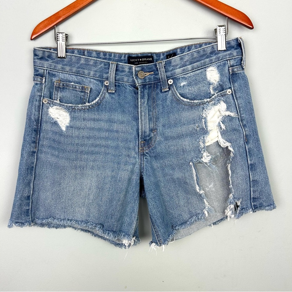 Lucky Brand 6/28 boyfriend high rise super distressed jean shorts light blue